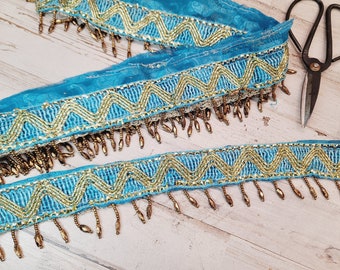 BLUE Vintage Sari Trim (36" long x 2/1" Wide)/Dangles Boho Trim/Beaded Sari Trim/ Embordered Trim/Junk Journal supply/Woven Trim #7