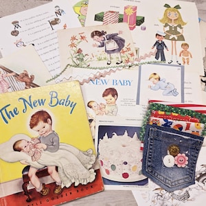 "Junk Journal Kit / Vintage Kinder Ephemera Paket / 3.Edition ""The New Baby"" ein kleines goldenes Buch 50er - 70er Jahre DIY Kit."