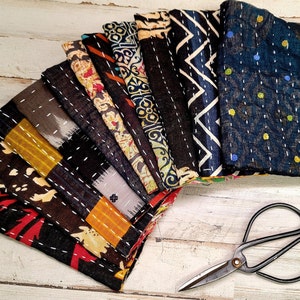 Black Kantha Fabric Scraps: Hand-Stitched Quilt Pieces (10.5&quot; x 14.5&quot;)