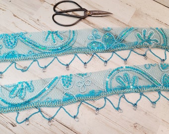 BLUE Vintage Sari Trim (36" long x 4" Wide)/Dangles Boho Trim/Beaded Sari Trim/ Embordered Trim/Junk Journal supply/Woven Trim #2