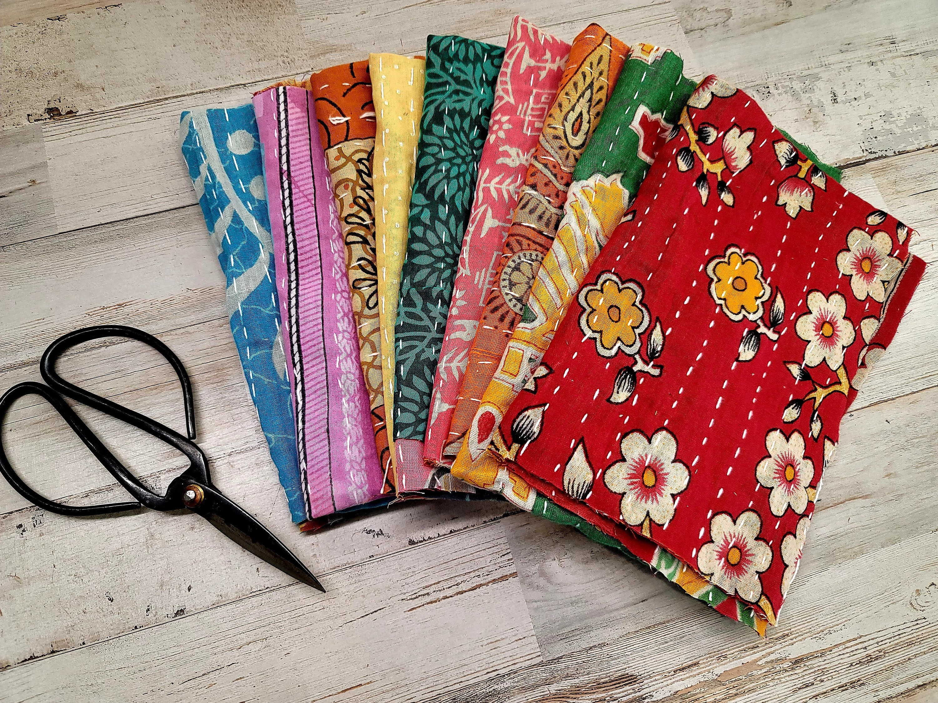 Bohemian Decorative Fabric Square Pack India Boho Kantha Fabric Scarps  Quilting Cotton Fabric Squares Junk Journal Covers Fabric Squares 