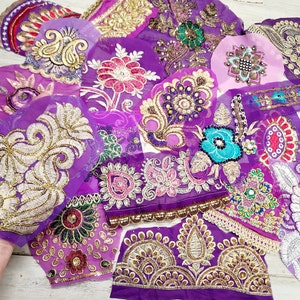 LARGE 25 PURPLE Sari swatches/What you see you will get/Heavily beaded sari swatches/Indian sari fabric swatches embroidered sari fabrics