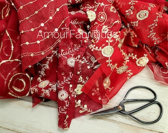 Red Beaded Sari Scraps: Boho Junk Journal Supply