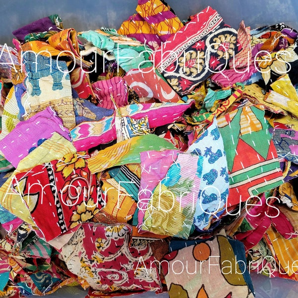 LARGE Pack- Boho Scraps-Vintage Hand stitched Bohemian Bohemian fabric-India Kantha fabric-snippets-1 gallon size ziplock back-grab bag