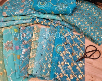 LARGE 10 Pack BLUE (10.5" x 10.5") Vintage Sari Beaded-Applique Fabrics-Boho Fabric-Beaded Fabrics-Scrap Fabrics-Junk journal-Doll Art