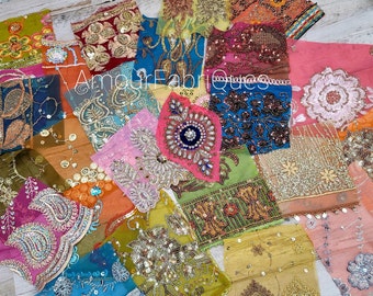 25 Sari Fabric Swatches: Embroidered Indian Silk Appliques (6&quot; x 6&quot;)