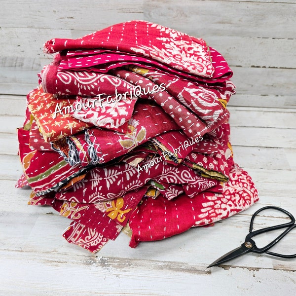 1/2 POUND (RED) Kantha Scraps(What you see you will get!) Kantha Scraps/Kantha Quilts/Hand stitched Junk journal Boho fabric/quilt fabric #2