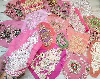 25 Pink Vintage Sari Swatches: Beaded Appliques, Junk Journal Supply