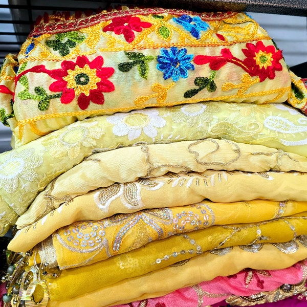 Vintage (UN-Cut) YELLOW Sari-Choose your sari scarf/Dupatta Scarf/ Boho sari scarf/Choose your scarf option