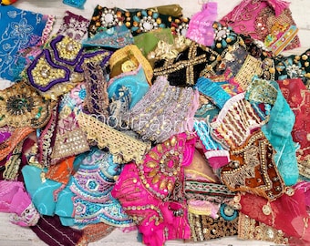 25+ Sari Scraps/Boho Scrap/Saree Snippets pack-Beaded fabric-Boho Trims-Snippet Doll art-Junk Journal-Scrap fabric-Embellishment pack-