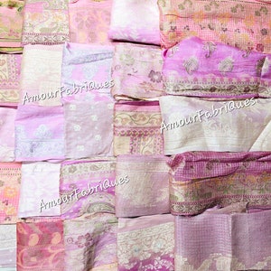 Restos de SEDA Sari, Zari Rosa, Sari Reciclado Tecido 100% brocado de seda, Retalhos de tecido de colcha, Suprimentos de diário de mídia mista, Arte de boneca, Bordado