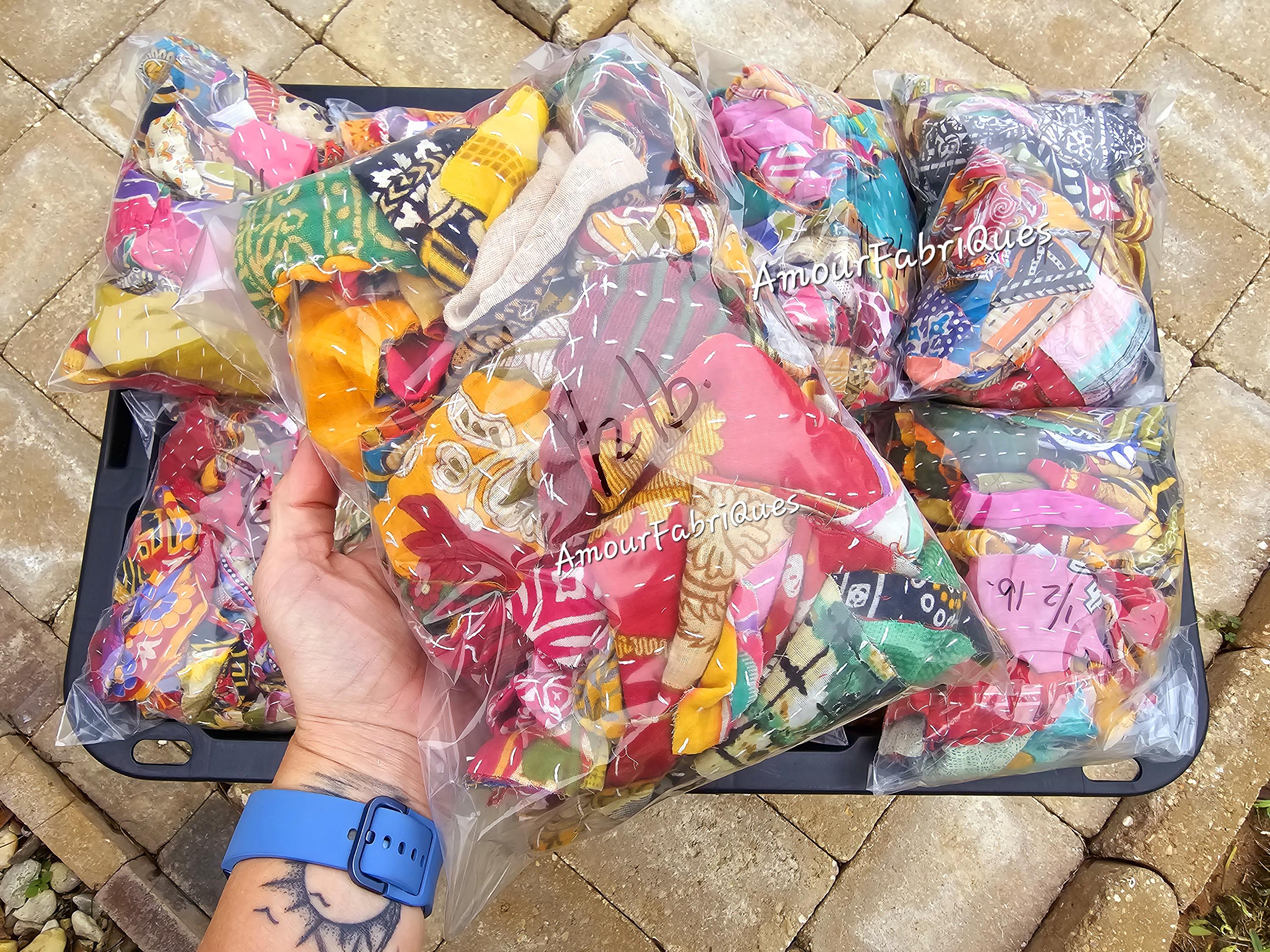 Handstitched Sari Fabric Scraps: Boho Slow Stitch Remnants (1/2 Pound)