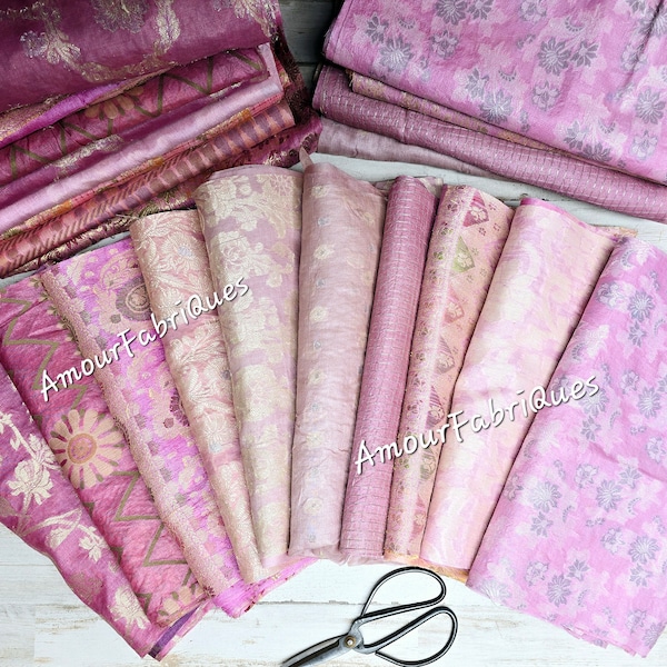 Pink Sari Silk Fabric Bundle: 10 Woven Brocade Pieces with Zari