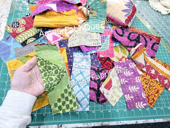 50 Vintage Kantha Fabric Scraps: Recycled Sari Remnants for Sewing