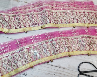 PINK  Vintage Sari Trim (36" long x 3.5" Wide) bells Boho Trim/Beaded Sari Trim/ Embordered Trim/Junk Journal supply/Woven Trim #8