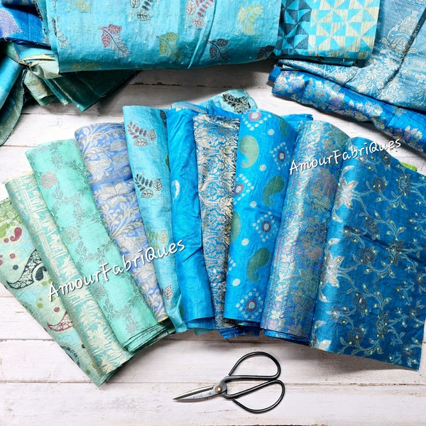 LARGE 10 Pack BLUE SILK (10.5" x 10.5") 100% Woven Silk Fabric Bundle.Boho Fabric- Sari Silk Fabrics-Scrap Fabrics-Junk journal-Doll Art