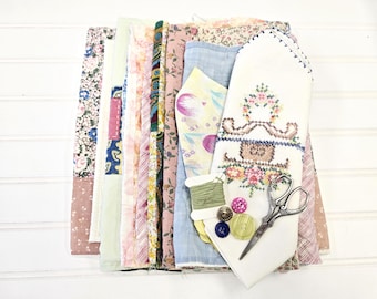 Large Vintage Quilt Scrap bundle, Handmade patchwork, cutter quilt, slow stitch kit, junk journal supply, cottage chic,Embroidery scissors 4