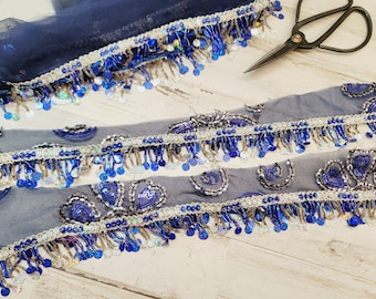 BLUE Vintage Sari Trim (2 YARDS " long x 2.5" Wide)/Dangles Boho Trim/Beaded Sari Trim/ Embordered Trim/Junk Journal supply/Woven Trim #4