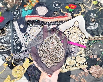 25 pack BLACK Vintage Sari Swatches- Sari Beaded Appliques - Sari - Sari silk - Junk journal supply - Boho patches - slow stitch art