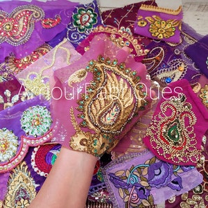 25 pack PURPLE Vintage Sari Swatches- Sari Beaded Appliques - Sari - Sari silk - Junk journal supply - Boho patches - slow stitch art