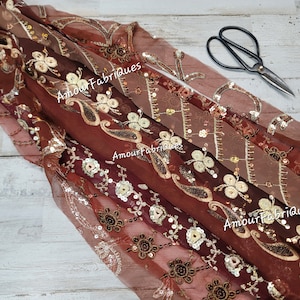 Brown Sari Silk Ribbon Strips: Beaded Embroidered Boho Ribbons, 20+ Yards