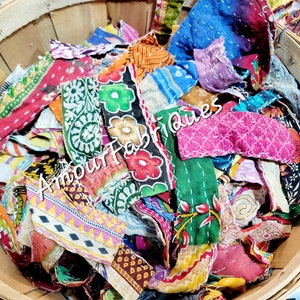50 Kantha Fabric scraps, Sari Scrap fabric pack, Handstitched Sari Scraps, Quilting scrap fabrics bag, Cotton kantha fabric scraps