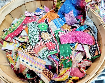 50 Kantha Fabric Scraps: Handstitched Sari Quilting Pieces