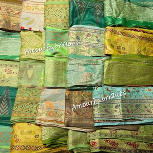 Retales de seda de sari, zari verde, sari reciclado tejido con brocado de seda 100 %, retales de tela para colchas, material para revistas basura con técnica mixta, arte para muñecas, bordado
