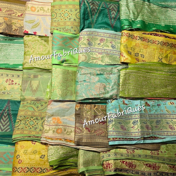 25 Pack GREEN SILK Zari Trim (6" Long)Trim pack (4.5" x 6") Boho trims-Doll art-Junk Journal-Scrap fabric-Sari Trims-Silk trims-Boho Trims