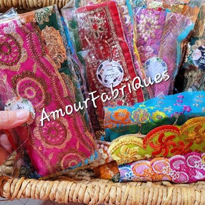25 Vintage Indian Sari Fabric Remnants - Recycled Sari trim, Snippets, Collage, Mixed Media, Junk Journal, Embroidery, Sewing,  Sari Trims