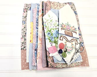 Vintage Quilt Scrap Bundle: Patchwork, Embroidery Scissors & Slow Stitch Supply