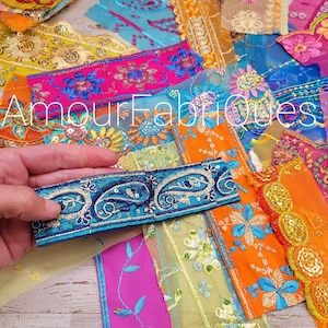 SARI TRIMS 25 Pack (6&quot; Long) Sari Strips, recycled sari, Embroidery, sewing, boho trim pack, Vintage Indian Sari Fabric Remnants, Sari pack