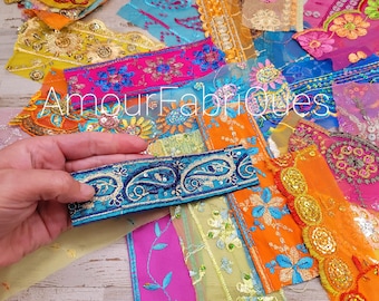 Sari Trim Strips: 25 Pack Vintage Indian Fabric Remnants, Embroidery, Sewing