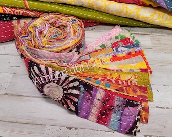 Kantha Quilt Jelly Roll: 10 Pack Vintage Bohemian Fabric Strips