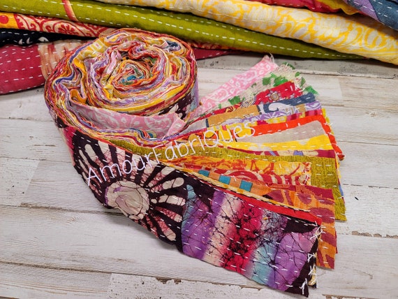 Kantha Quilt Jelly Roll: 10 Pack Vintage Bohemian Fabric Strips