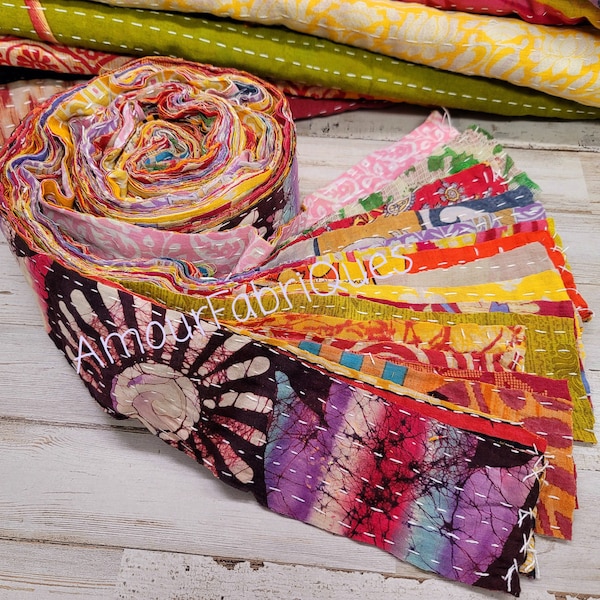 10 pack Kantha Jelly Roll  2.5" x 45" Jelly roll/Bohemian fabric/Jelly Roll/Boho Strips/Kantha Quilt/ kantha Fabric/Fabric strips/ Snippets