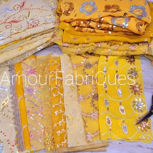 Yellow Sari Fabric 10 Pack: Vintage Silk Blend Scraps (10.5&quot; x 10.5&quot;)