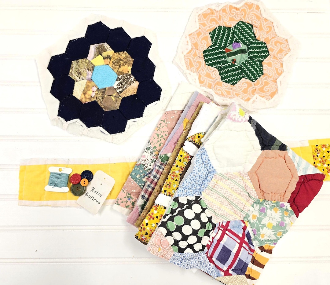 Vintage Quilt Scrap Bundle: Handmade Patchwork Pieces, Slow Stitch Kit ...