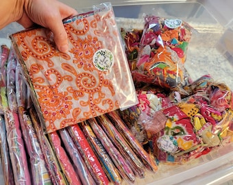 Vintage Indian Sari Fabric Scrap Pack: Cotton Kantha Quilt Squares