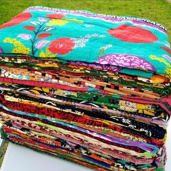 USA Seller- Kantha Quilt- Indian Tribal Kantha Quilts Vintage Cotton Bed Cover Throw Old Sari Made Assorted Patches Made Whole Sale Blanket