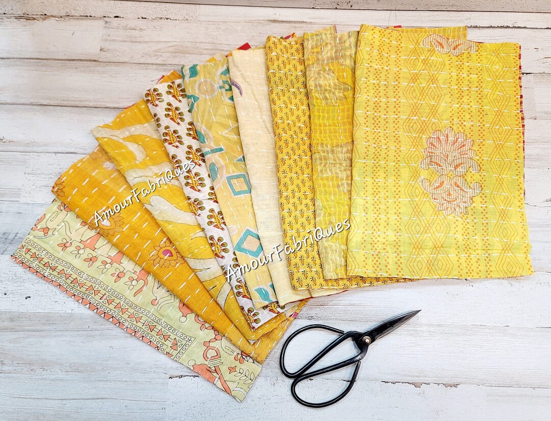 Yellow - Kantha Stitch Fabric Cover Handmade Paper Notebook (9 x 7 in)