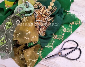 Green Beaded Sari Scraps: Vintage Indian Fabric Pieces