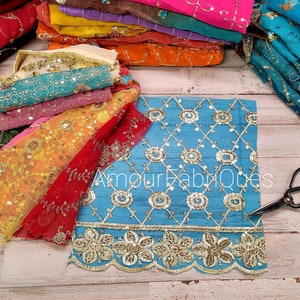 Paquete de 10 telas Sari VARITEY (10,5" x 10,5") Retazos de Sari Vintage / Retazos de tela con cuentas / Tela de secuencias / Arte de muñecas / Suministros para Junk Journal