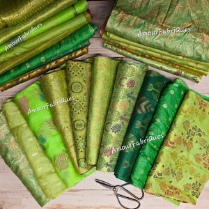 LARGE 10 Pack GREEN SILK (10.5" x 10.5") 100% Woven Silk Fabric Bundle.Boho Fabric- Sari Silk Fabrics-Scrap Fabrics-Junk journal-Doll Art