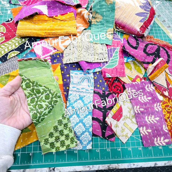 Kantha Fabric SNIPPET Pack-Kantha Scrap fabric-Scrap fabric-Snippets-Junk Journal-Vintage Hand stitched Bohemian Kantha fabric-snippets