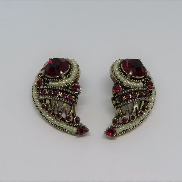 Vintage Hollycraft 1954 Easter Egg Ruby Glass Rhinestone and Faux Seed Pearl Clip Earrings