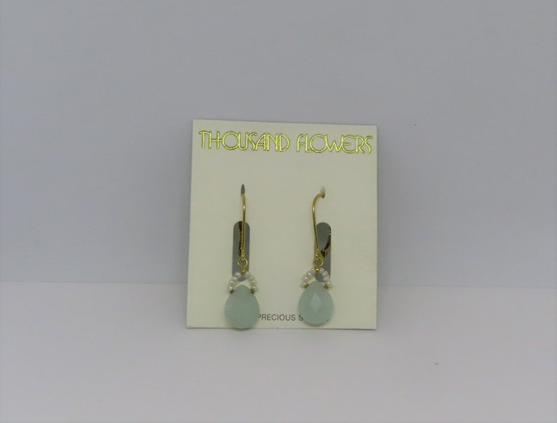 Vintage Thousand Flowers 1980s Amazonite Seed Pearls Semi Precious Stones 24K Gold Wash Sterling Silver Pierced Earrings New Old image 1