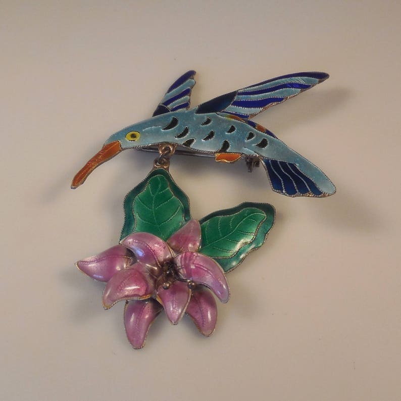 Vintage Zarah Cloisonn\u00e9 Enamel Figural Hummingbird Dangling Flower Sterling Silver 24k Gold Wash Brooch Pin