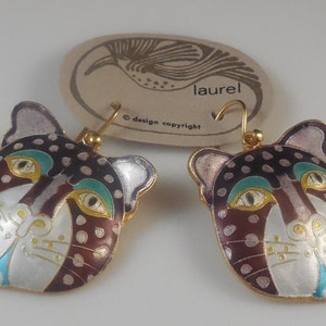 Rare Vintage Early Laurel Burch 1970s Enamel Cloisonne Leopard Cat 24K Gold Wash Vermeil Sterling Silver Pierced Earrings NOS
