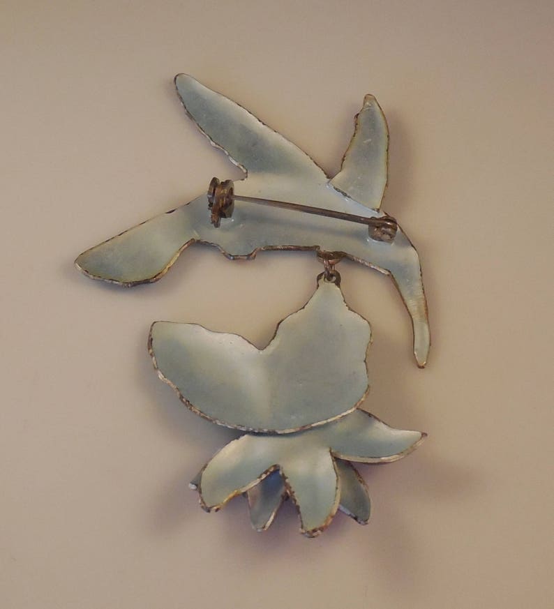 Vintage Zarah Cloisonn\u00e9 Enamel Figural Hummingbird Dangling Flower Sterling Silver 24k Gold Wash Brooch Pin